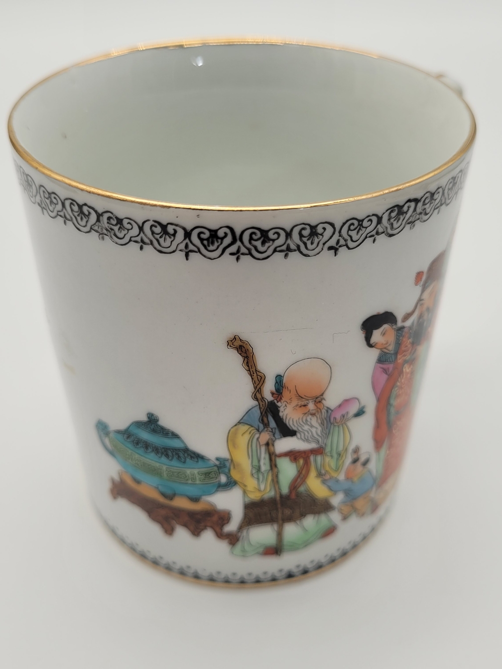 Decorative Porcelain Mug with Chinese Figure Motif and Gold Trim Handpainted